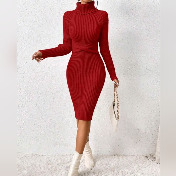 NEW Luxe Ribbed Knit Turtleneck Sweater Dress Bodycon Twist Waist Red - Picture 6 of 8